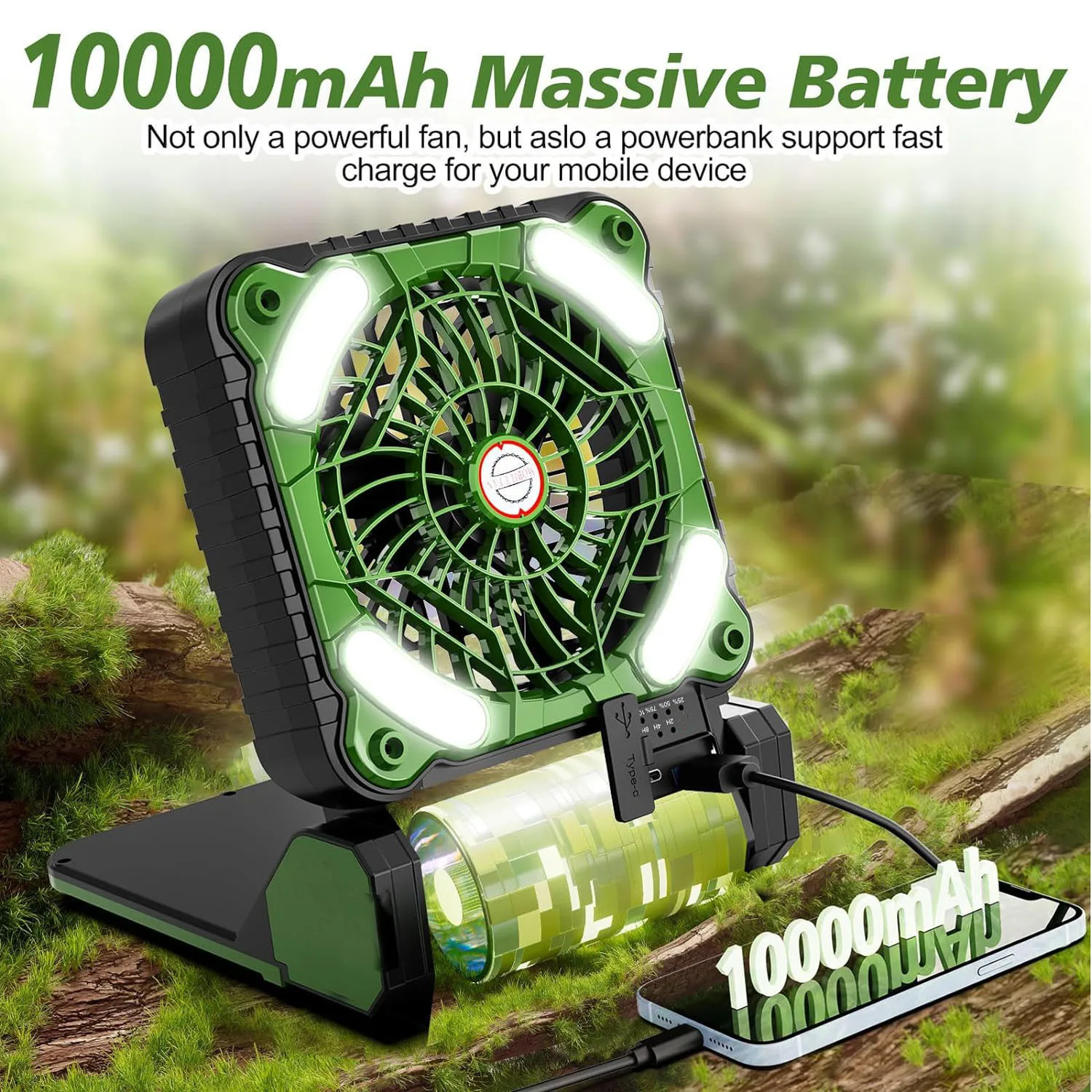 10000mAh Solar Powered Portable Camping LED Lantern With Fan 4 Speeds Powerful Wind Rechargeable Battery Operated 90° Folding