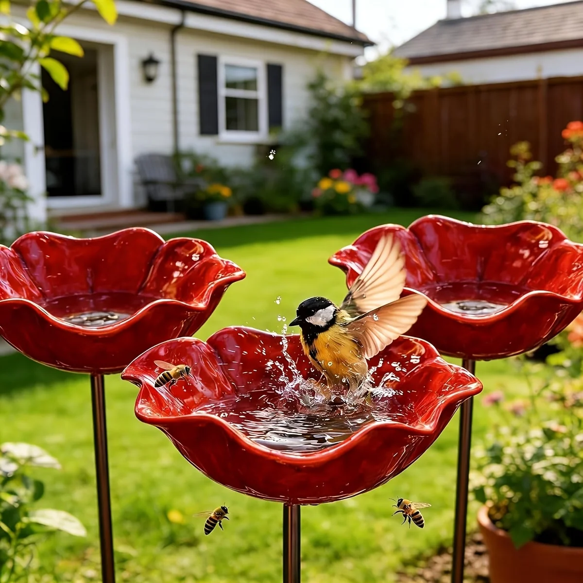 Three-piece Set of 3D Metal Floral Decorative Planters, Weather-resistant Bird Bath, and Bee and Butterfly Waterer Decorating