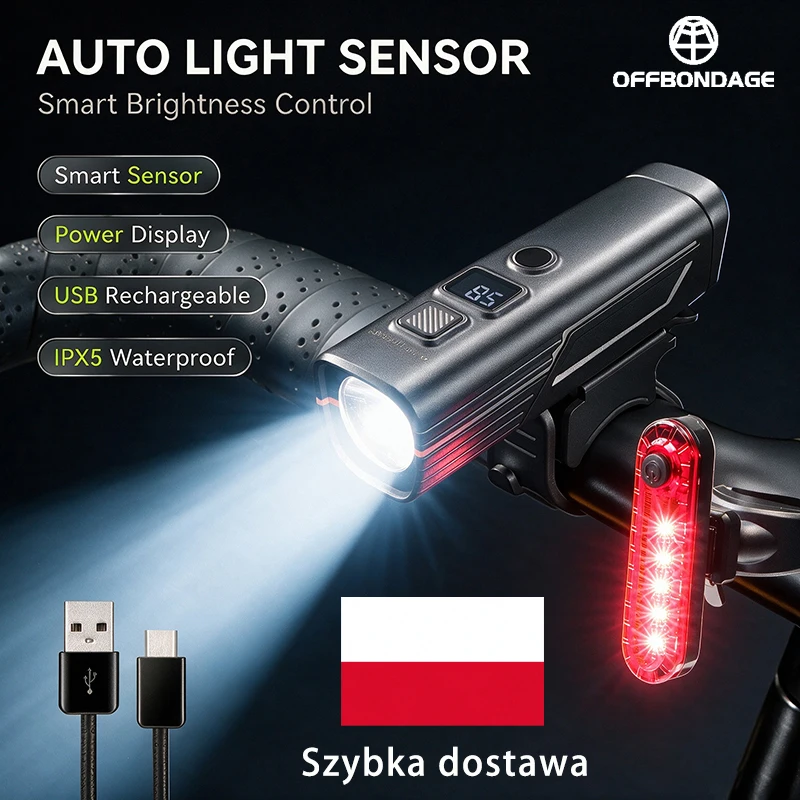 Zestaw oświetlenia rowerowego OFFBONDAGE, przednia lampka rowerowa, tylna lampka, wyświetlacz cyfrowy, szybkozłączka, inteligentny czujnik światła, lampka przednia do rowerów szosowych i MTB, ładowana
