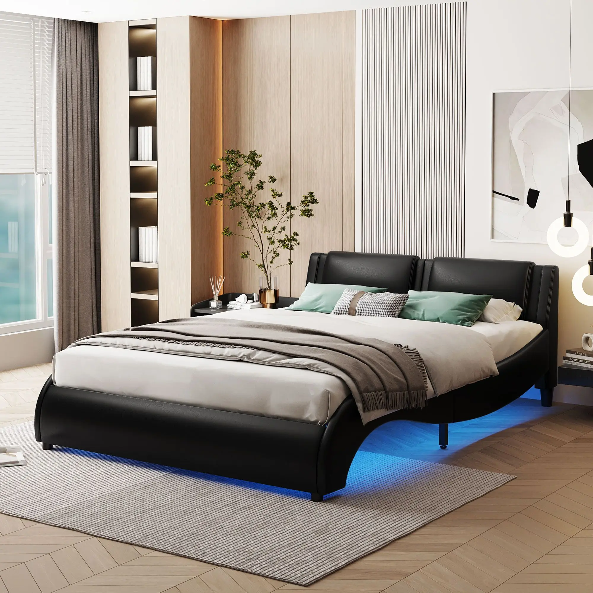 Upholstered Faux Leather Platform Bed with LED Light Bed Frame with Slatted