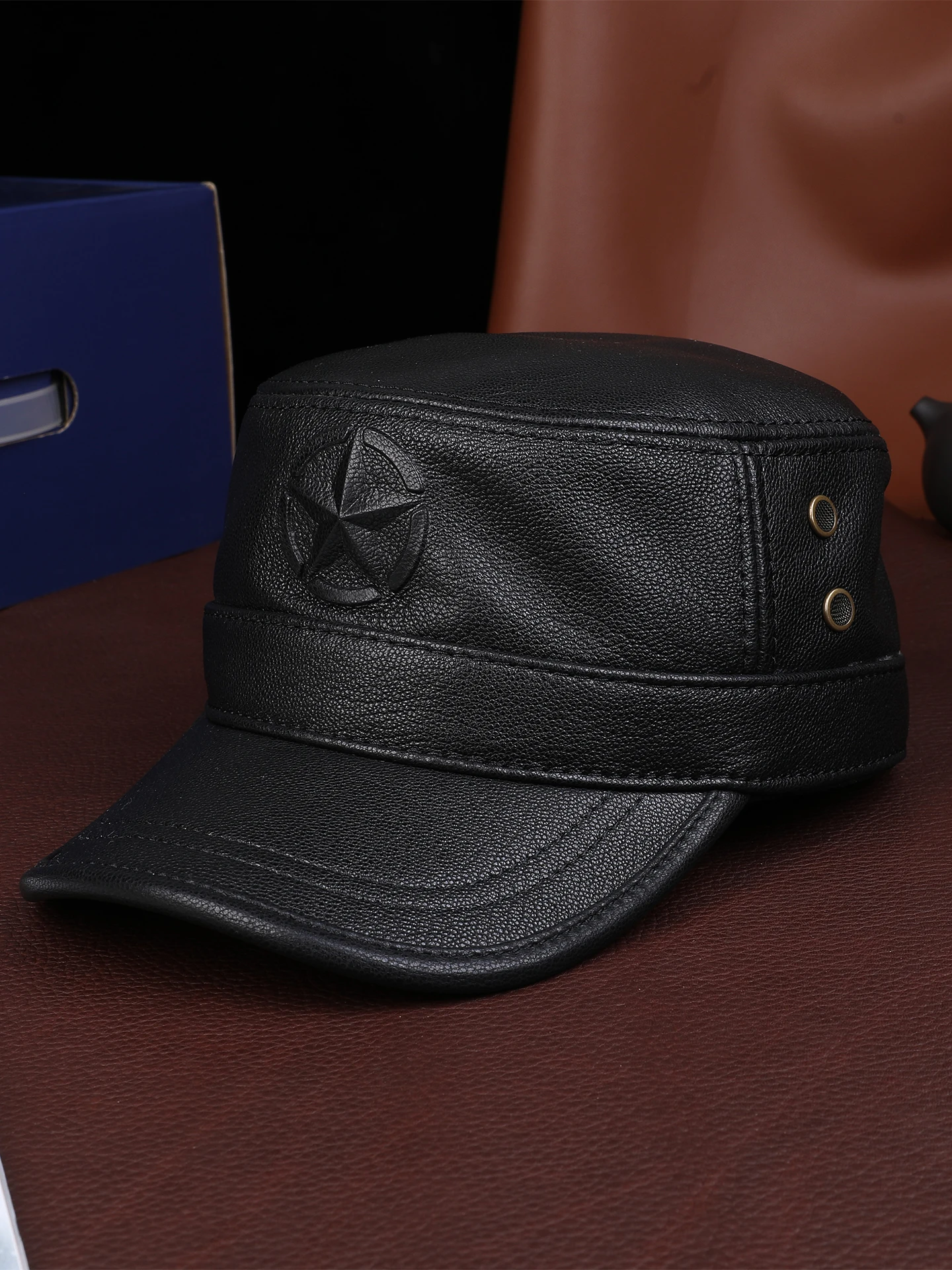 ejia-本革フラットトップハット-メンズ-中年-春秋-オートバイ-カジュアル-薄いシープスキンハット-ダックビル