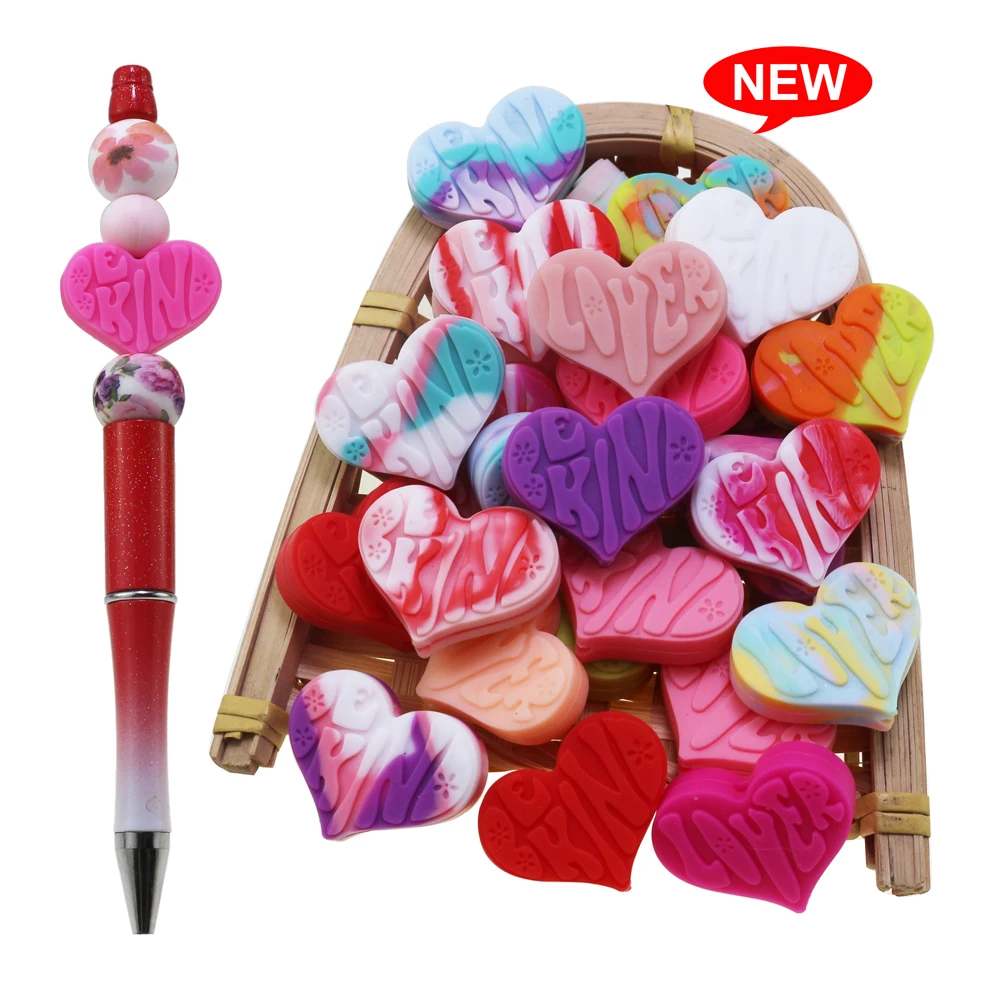 

10pcs 2024 New Valentine's Day Gifts Be Kind Heart silicone bead pen Lover Focal Pen Beaded Making DIY Jewelry