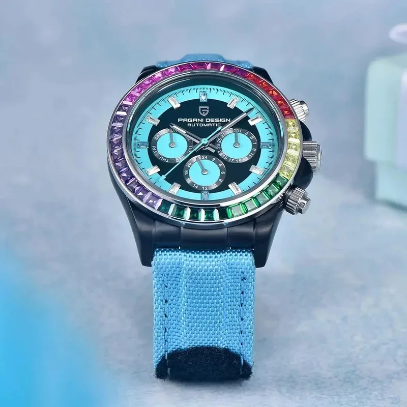 PAGANI DESIGN 40mm Luxury Men's Mechanical Watch Multifunctional Timing Rainbow Bezel Sapphire Glass PD1732