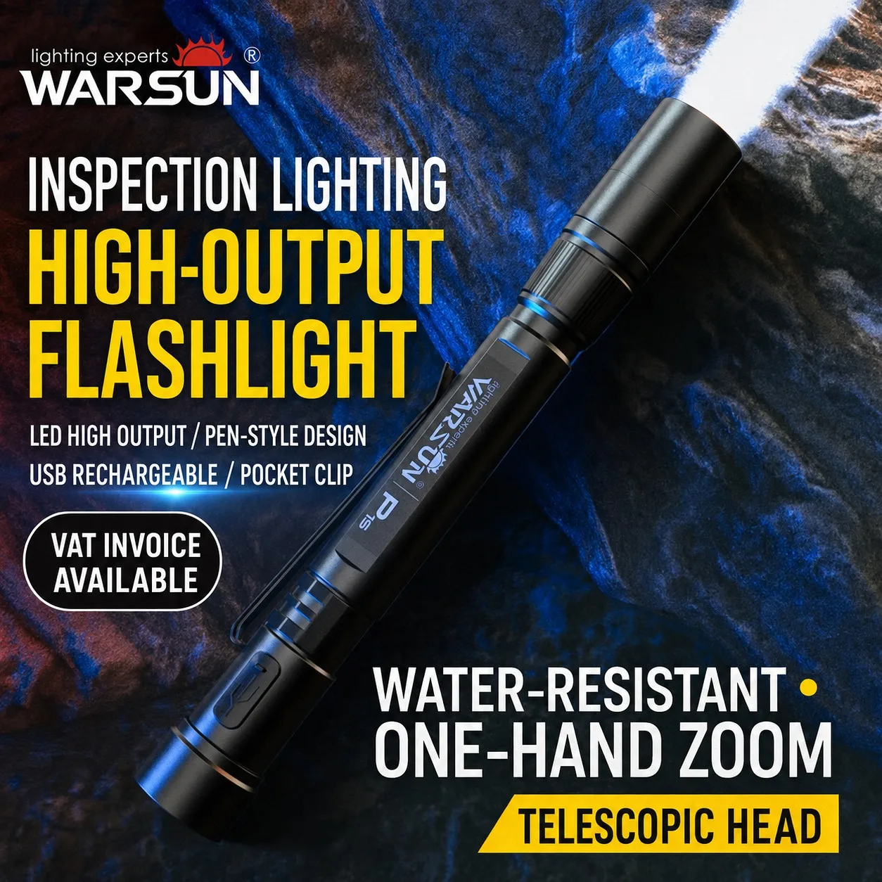 WARSUN P1S Zoomable Pen Flashlight, Compact Rechargeable LED Pocket Light for Home Repair, Work, Inspection and Emergency Lighti