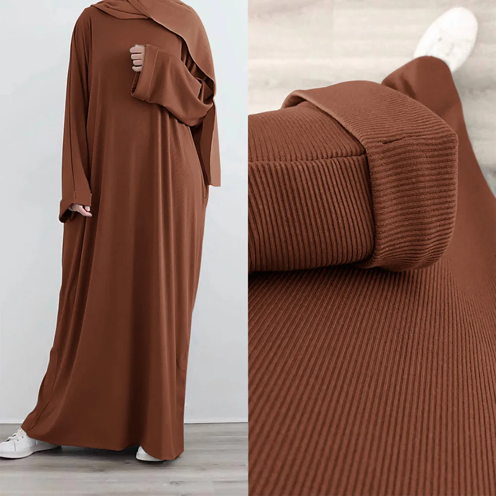 Rib Knitted Abaya for Women Casual Islamic Long Dress Loose Hijab Robe Muslim Dresses Dubai Turkish Modest Kaftan Ramadan Eid