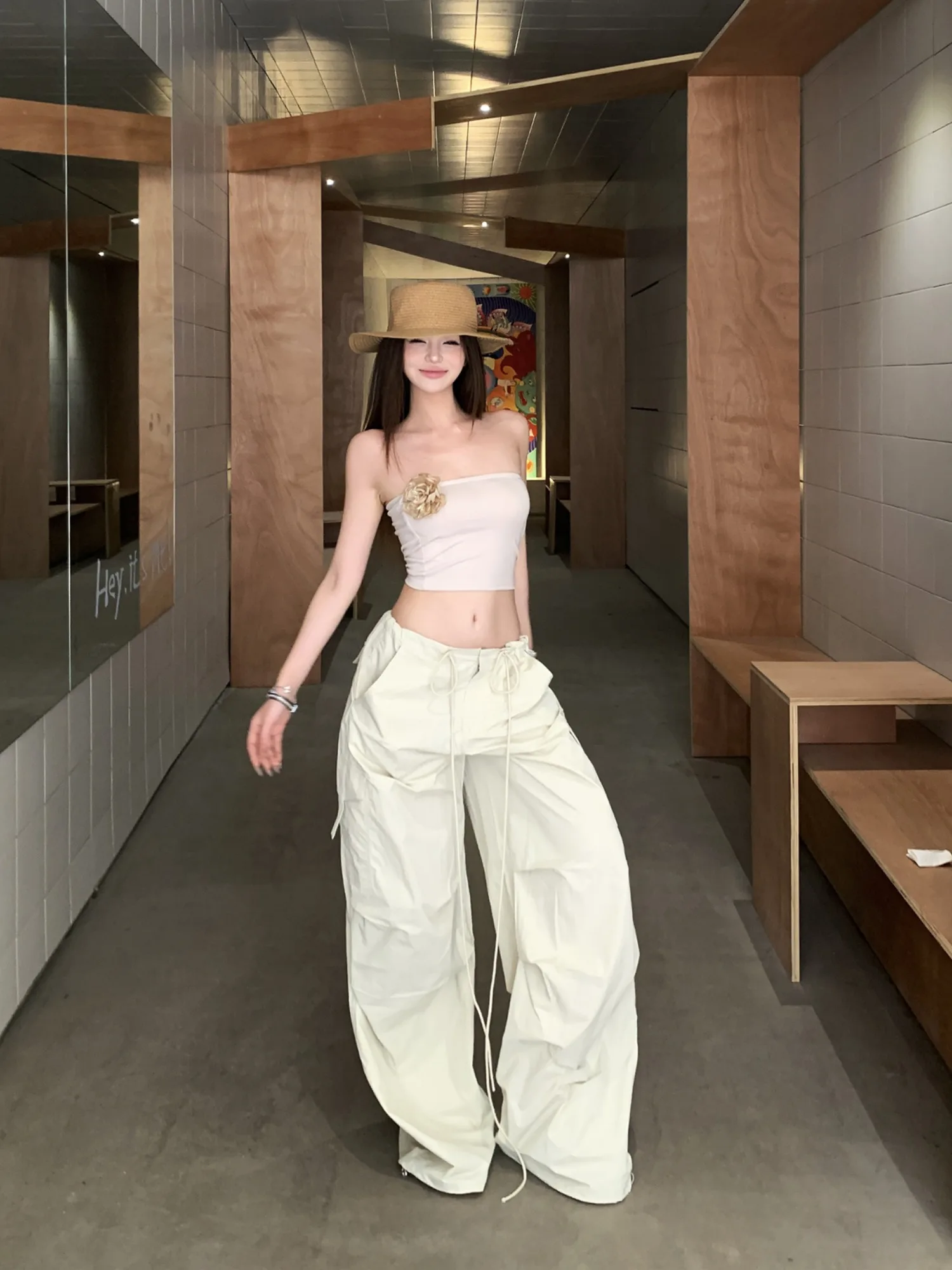 

Утягивающие широкие брюки, повседневный укороченный топ, комплект из двух предметов для женщин, модная ретро-горячая спецодежда для девочек, повседневная одежда