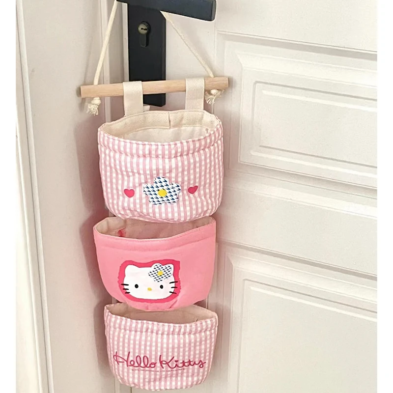 Sanrio Storage Hanging Bags Pink Hello Kitty Sundries Storage Bag The Fabric Hanging Wall Pouch Girls Dormitory Organiser