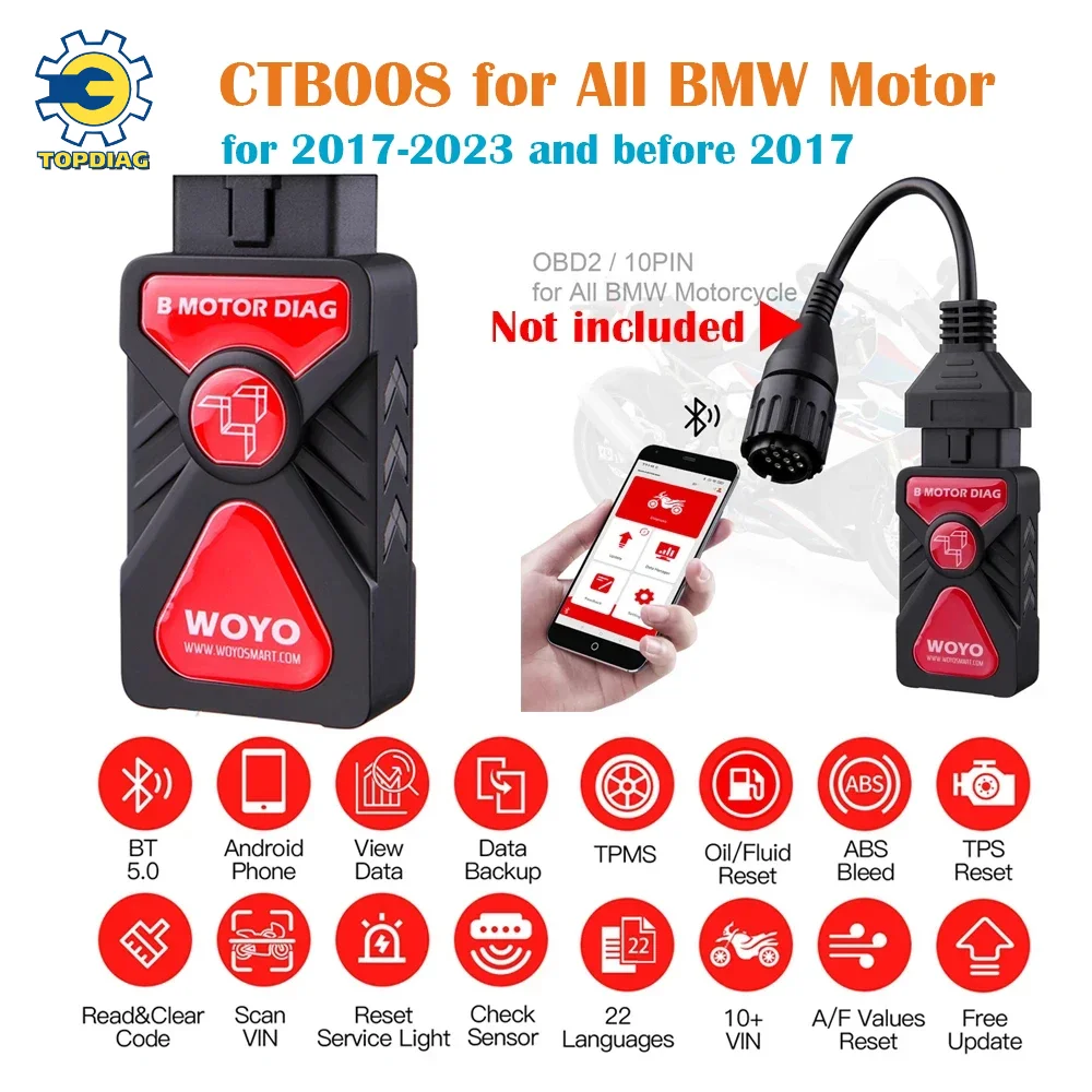 

WOYO CTB008 For BMW Motorcycle BT5.0 OBD2 Diagnostic Tools Read Clean Code Reset Service Interval ABS Tester Throttle Matching