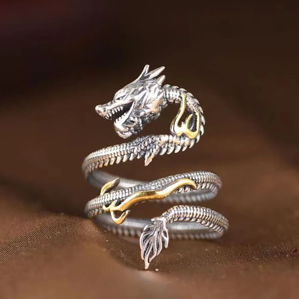 Регулируемое кольцо с драконом в стиле ретро, хип-хоп, рок, модный дизайн, край, винтажное, античное, серебро, золото, цвет, необработанный металл, открытая манжета, панк-кольцо