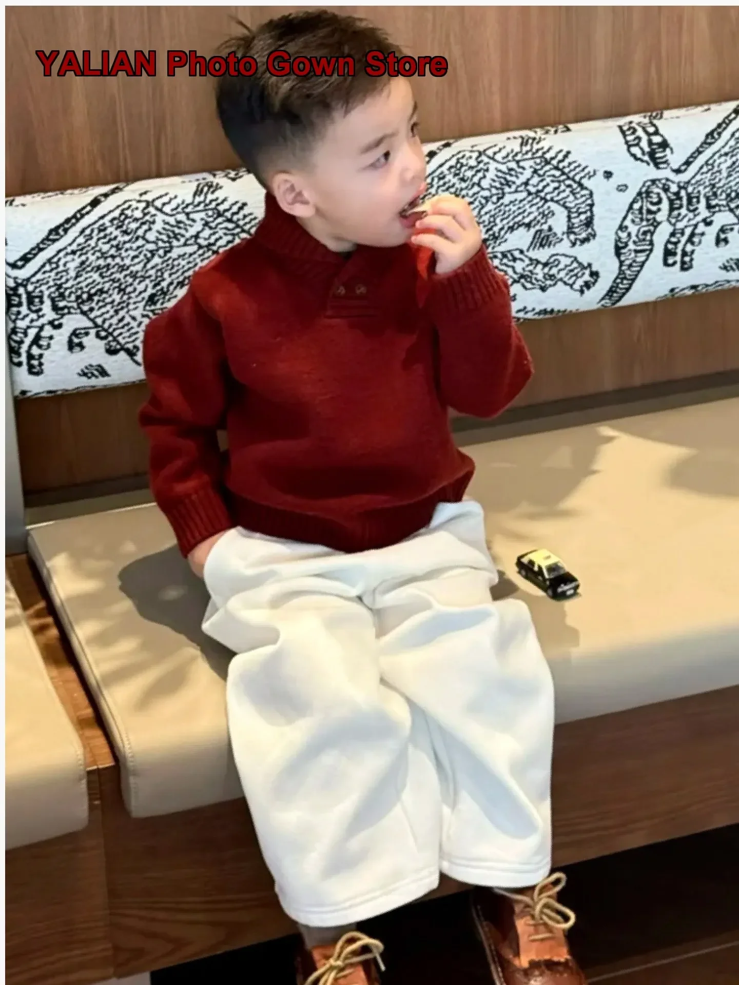 Boys Fold Collar Pullover Sweater Kids Winter Korean Style New Year Greeting Knit Top Solid Color