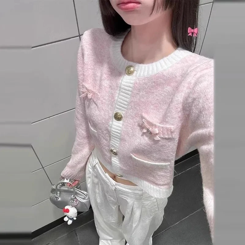 

Милый розовый свитер с бантом, кардиган для женщин, осень-зима 2022, короткое вязаное пальто с длинными рукавами, универсальные топы с небольшим ароматом