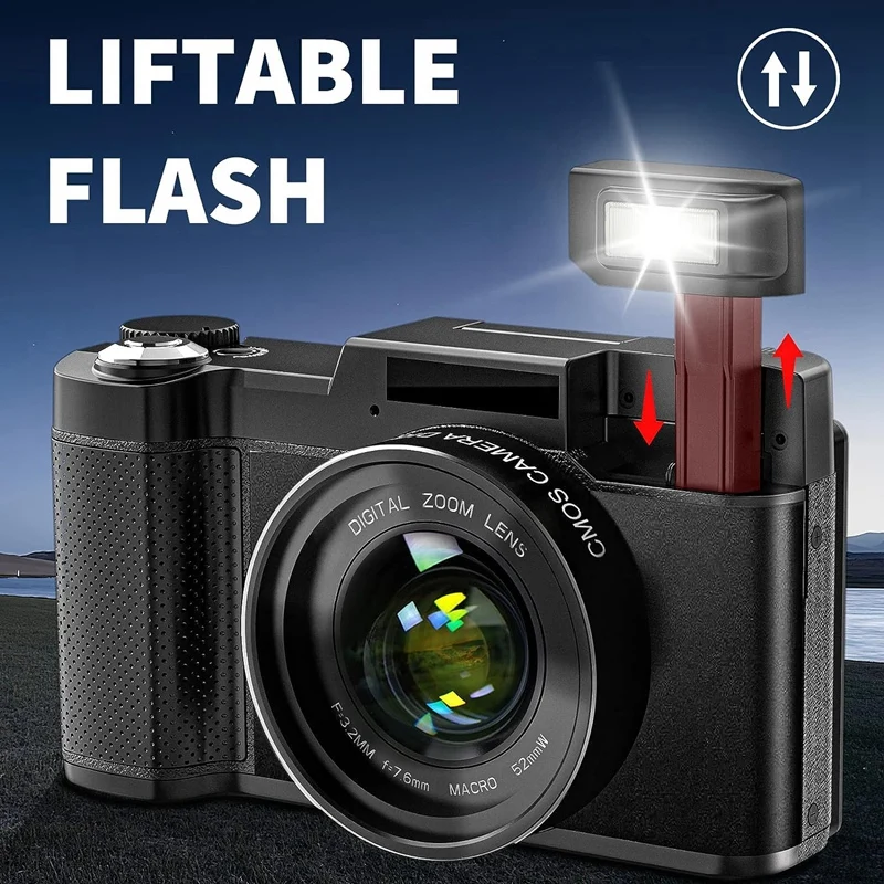 1 Set kamera autofokus Vlog, kamera Video layar lipat 180 ° dengan perbesaran Digital 16X