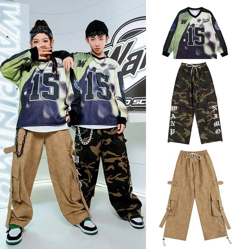 

New Kids Jazz Dance Clothes Loose Tops Pants Set Kpop Practice Clothing Boys Hip Hop Performance Wear Girls Stage Outfits XH1425