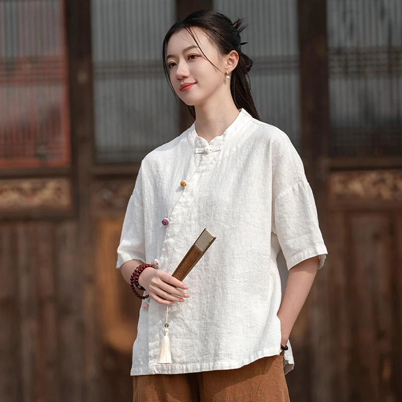 High Quality Chinese Style Women Short Sleeve Stand Collar Casual Shirts Vintage Single Breasted Cotton Linen Summer Blouse B376