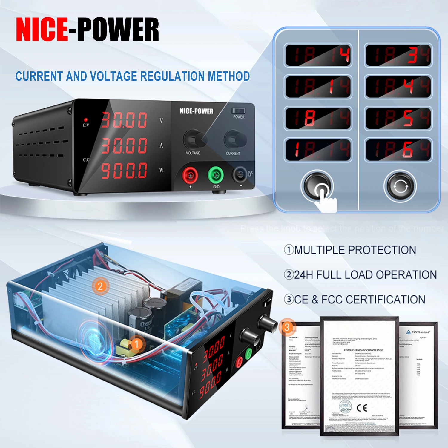 NICE-POWER DC Power Supply Variable 30V 30A 20A 60V 10A Lab Bench Power Supply 900W Digital Adjustable Regulated Encoder Knob