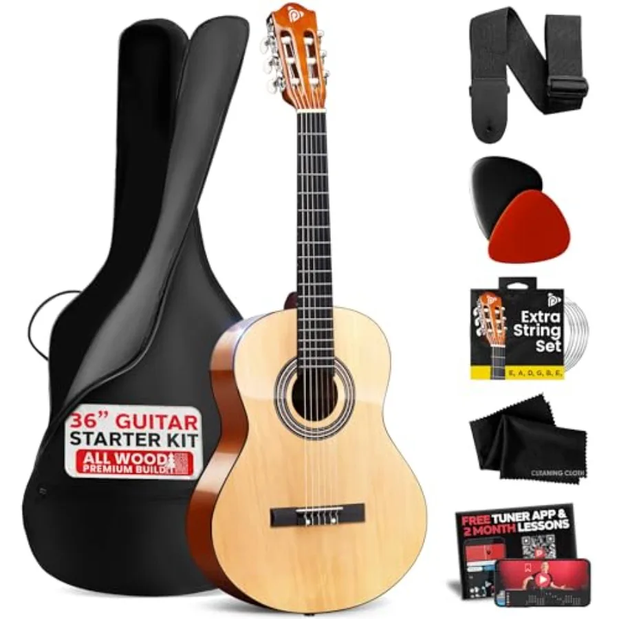 

Beginner Acoustic Guitar Kit 3/4 Junior Size All Wood Instrument with Full Accessory Kit Picks Shoulder Strap Carry Case Cleani