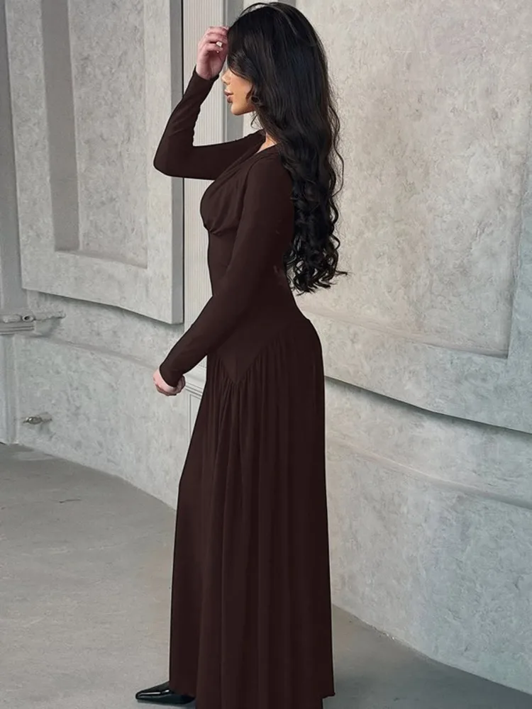 XIAOTANG Herbst Langarm Sexy Maxikleid für Frauen Fashion Solid V-ausschnitt Hohe Taille Schlank Elegante Club Party Plissee Langes Kleid