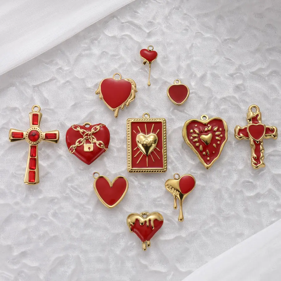 

7Pcs Real Gold Plated Drip Oil Pendant Enamel Heart Cross flower Charms DIY Stainless Steel No Fade Necklace Making Gift Jewelry