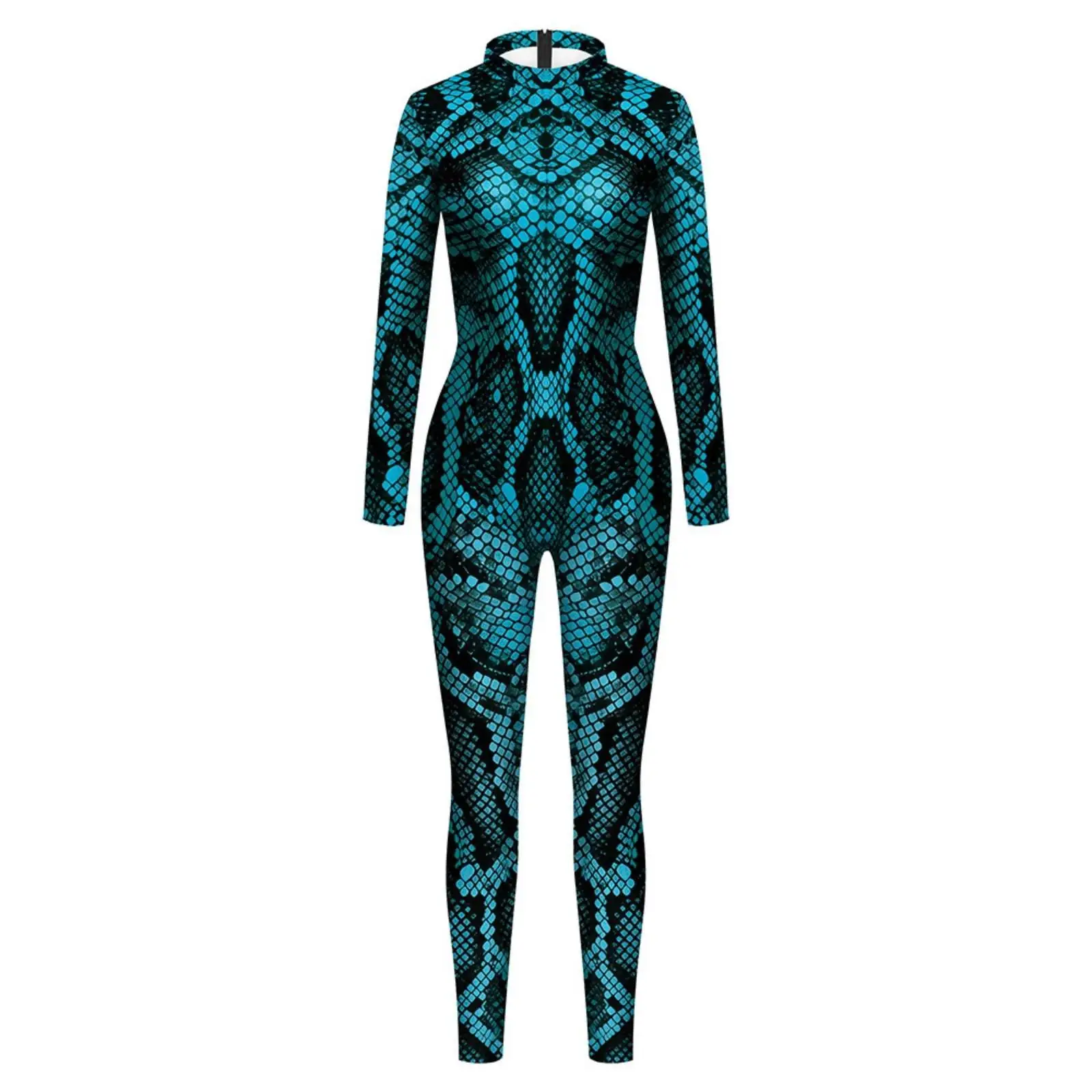 Womens Sequin Bodysuit Snake Skin Print Jumpsuit Long Sleeve High Neck Slim Dance Outfit for Stage Party Cosplay Show