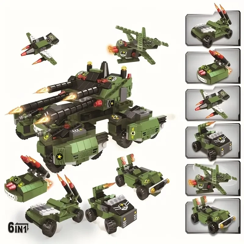 520pcs 6 in 1 Military Truck Panzer Tank Ww2 Germany Soldier Figures Building Blocks World War 2 DIY Brick Kids Toys Gift