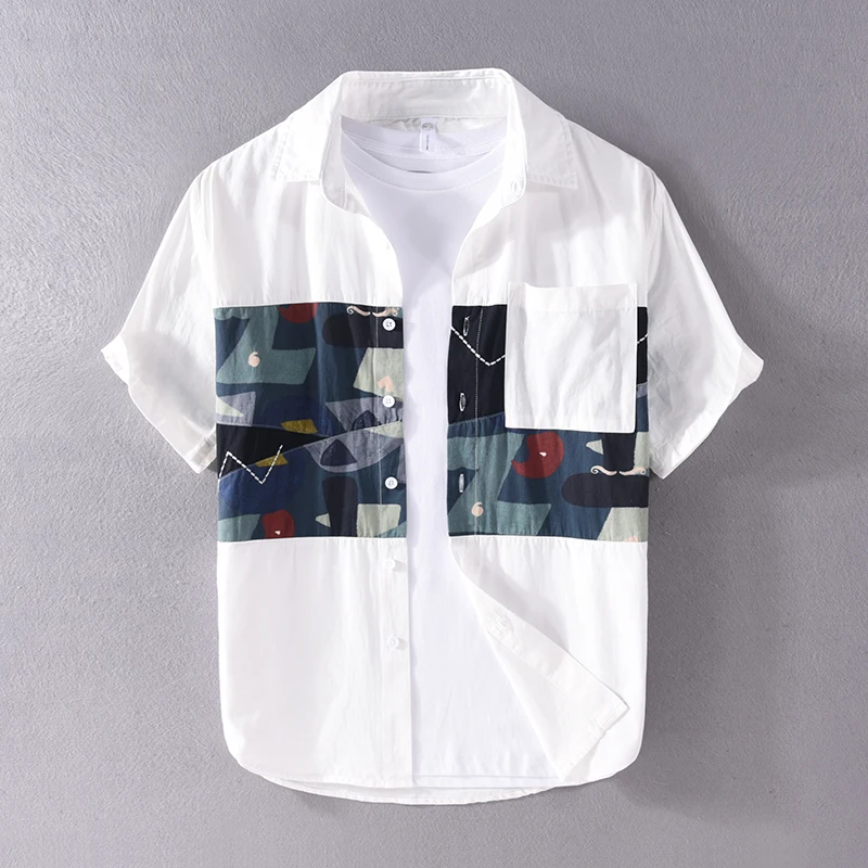 New Designer Short-sleeve Casual Patchwork Cotton Brand Shirts For Men Fashion Tops Clothing Camisa Masculina Drop Shipping