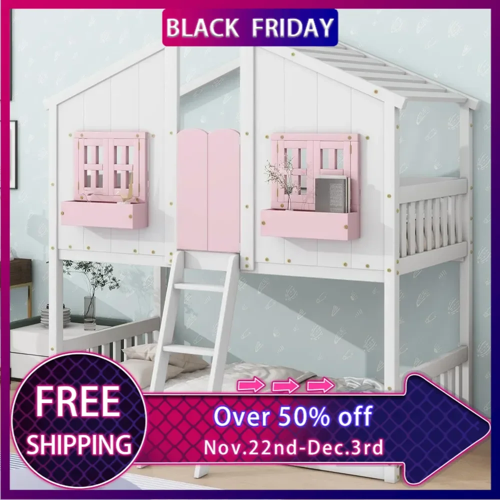 Wood Bunk Beds for Kids with Roof, Windows,Window Box and Small Door, Floor Bunk Beds with Ladder and Guard Rails for Girls Boys