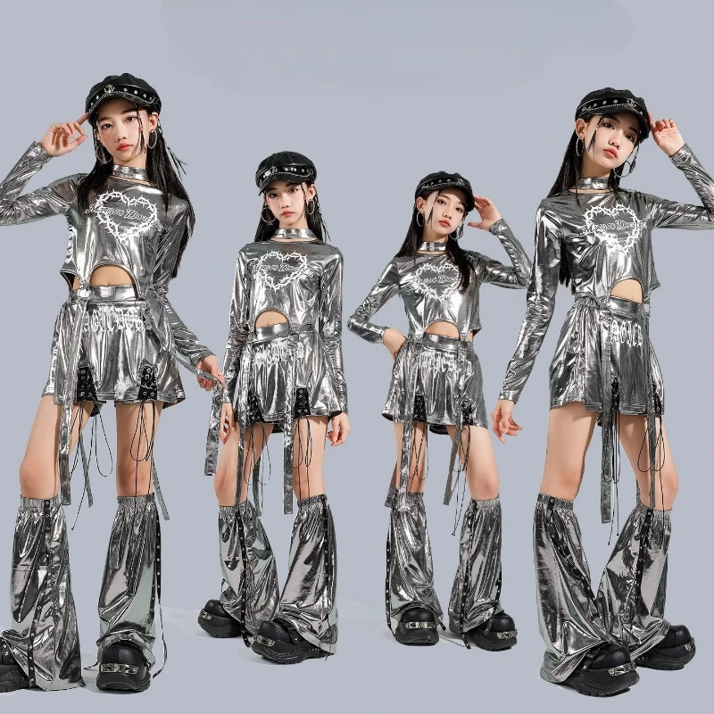 

K-pop серебристый блестящий топ с длинными рукавами для девочек, шорты для уличных танцев, крутая одежда в стиле хип-хоп, джаз, модная уличная одежда, групповой сценический костюм