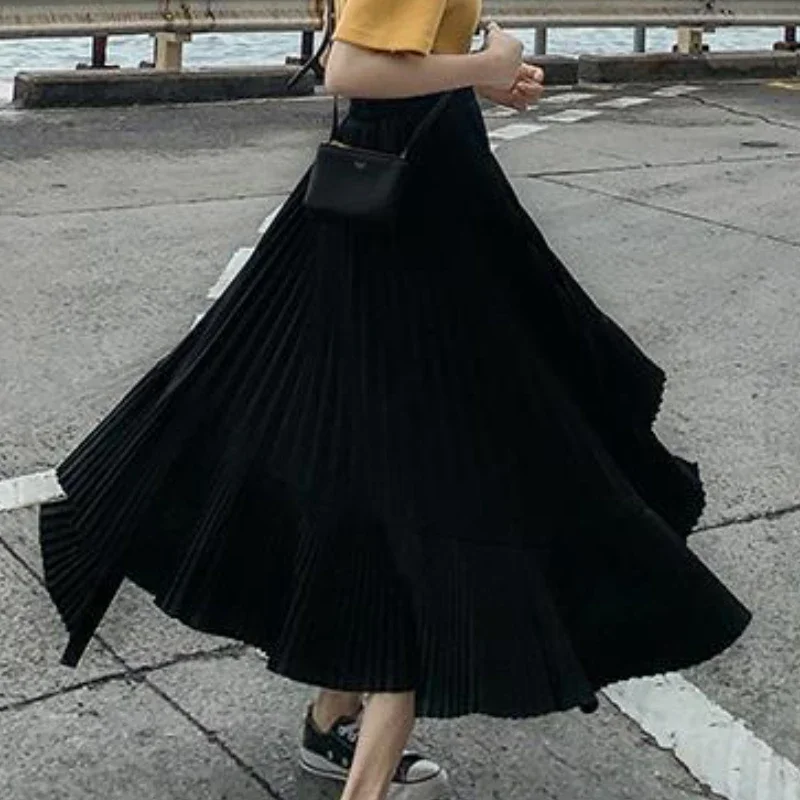 Irregular Skirts Women Midi Elastic Waist Vintage Streetwear Spring Elegant Korean Style Simple All-match Casual Holiday Daily