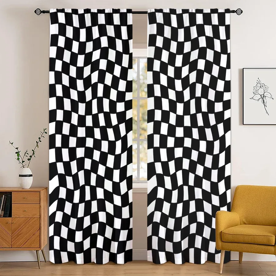 Modern Black and White Checkered Pattern Curtains for Living Room Home Decor Window Drapes