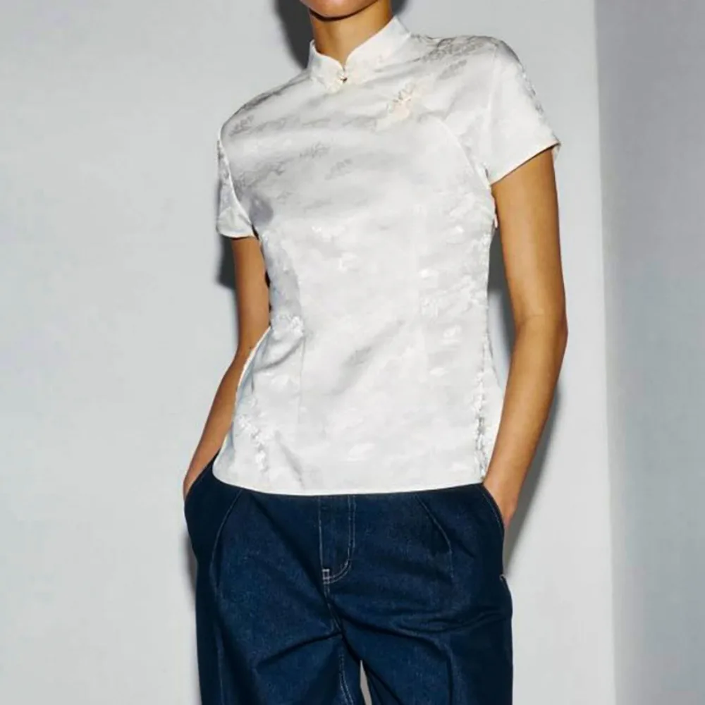 

Chinese Style Satin Short Sleeved Shirt Spring and Summer Women Elegant Solid Elastic Slim Daily Office Party Casual Shirt Top