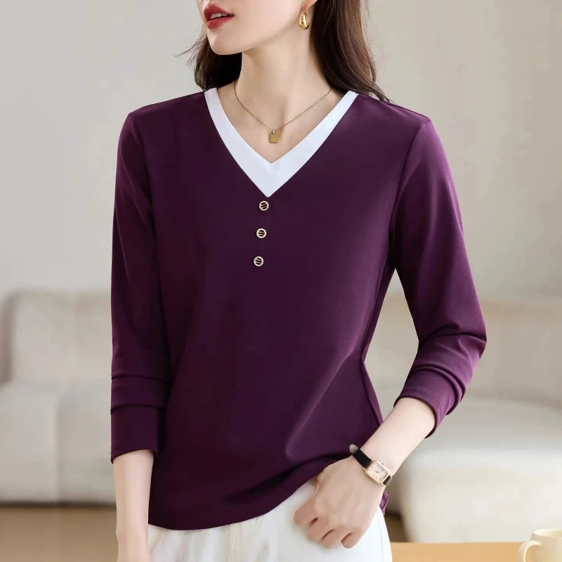 

V Neck Three Quarter Sleeve Loose Fit Casual Top For Women With Button Detail Spring Autumn Wear Office Style