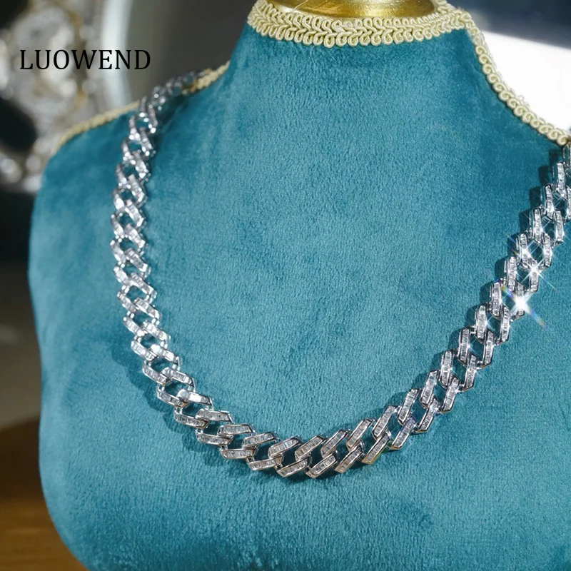 LUOWEND 100% 18K White Gold Necklace Luxury Fashion Design 6.60carat Real Natural Diamond Necklace for Women High Party Jewelry