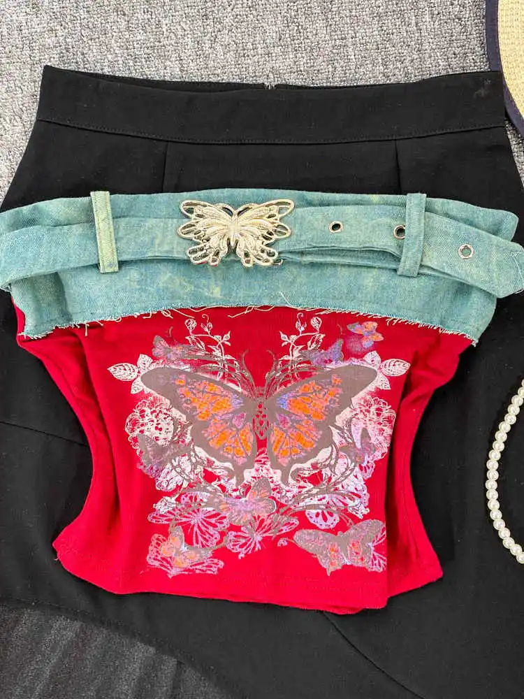 ผู้หญิงสีขาวY2k Crop Top Vintageผีเสื้อพิมพ์Camisoleปิดไหล่Patchworkรัดตัวเสื้อแขนกุดTank Top 2000Sเสื้อผ้า