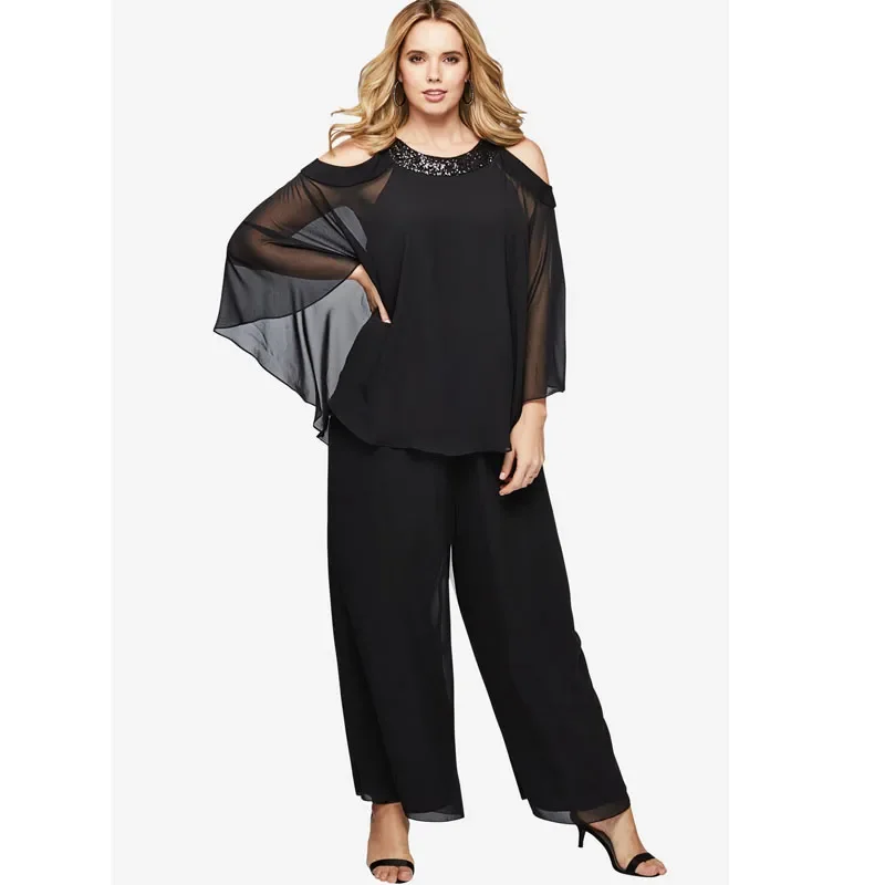 Trajes de pantalón negros de dos piezas para la madre de la novia, vestido de invitada de boda con lentejuelas hecho a medida, talla grande, barato, de manga larga para madres