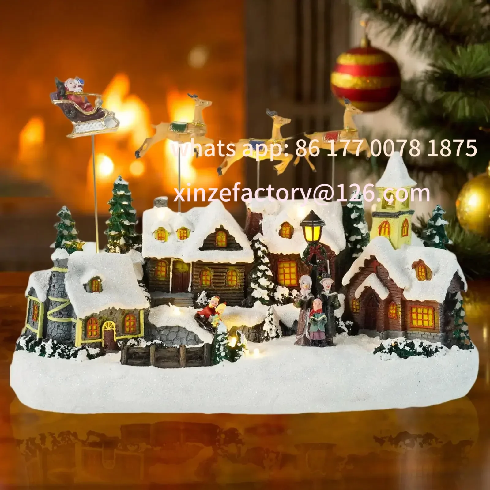 Рождественские снежные вилки, домики, музыкальные лоси, тянет Санта в санах, разноцветные огни, светящиеся настольные коллекционные здания