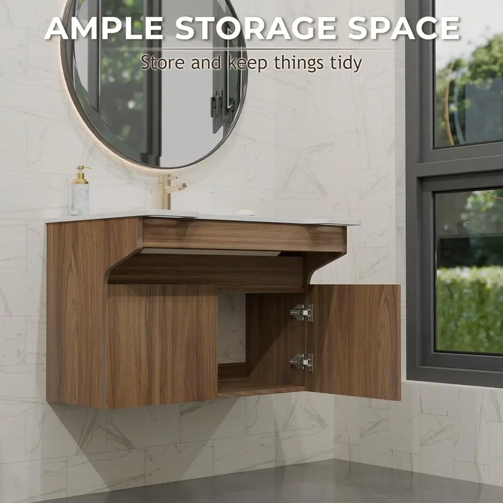 الغرور العائم الحديث المتوافق مع ADA مع خزانة خشبية وحجر الراتنج وقضيب إمساك لمستخدمي الكراسي المتحركة وكبار السن