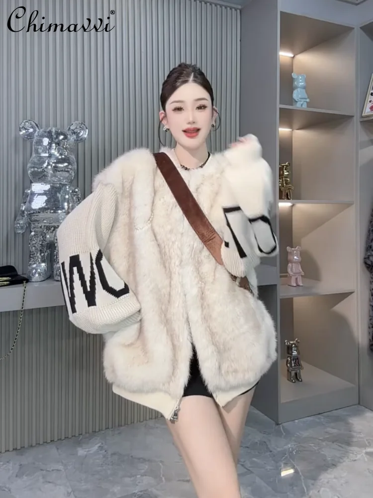 

2025 Autumn Winter New Fashion Sheepskin Coat Women Heavy Long Sleeve Warm Elegant Mid-length Faux Wool Fur Baseball Jacket