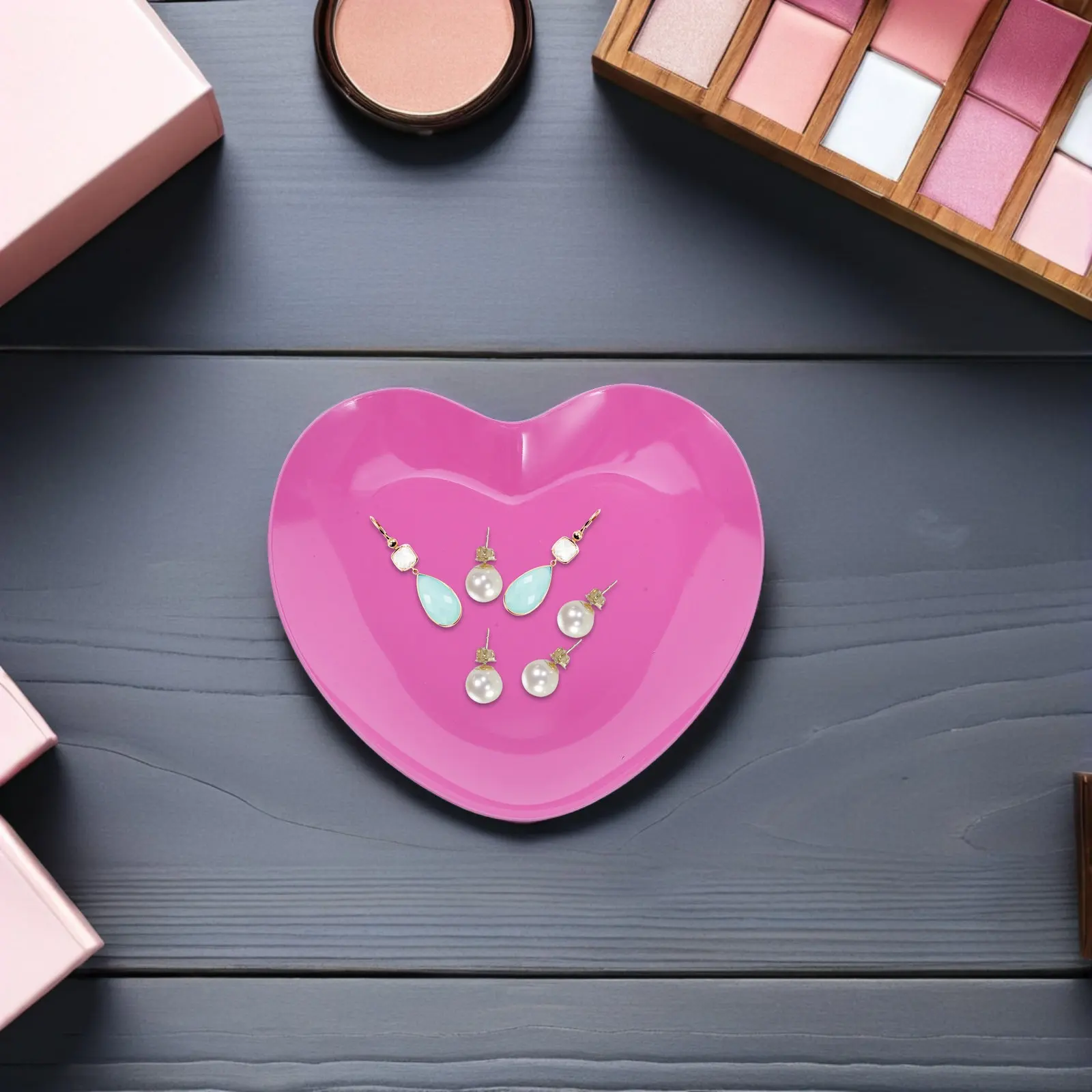 

4Pcs Heart Jewelry Tray Stainless Steel Pink Decorative Trinket Dish Organizer for Rings Earrings Necklace Perfume Vanity