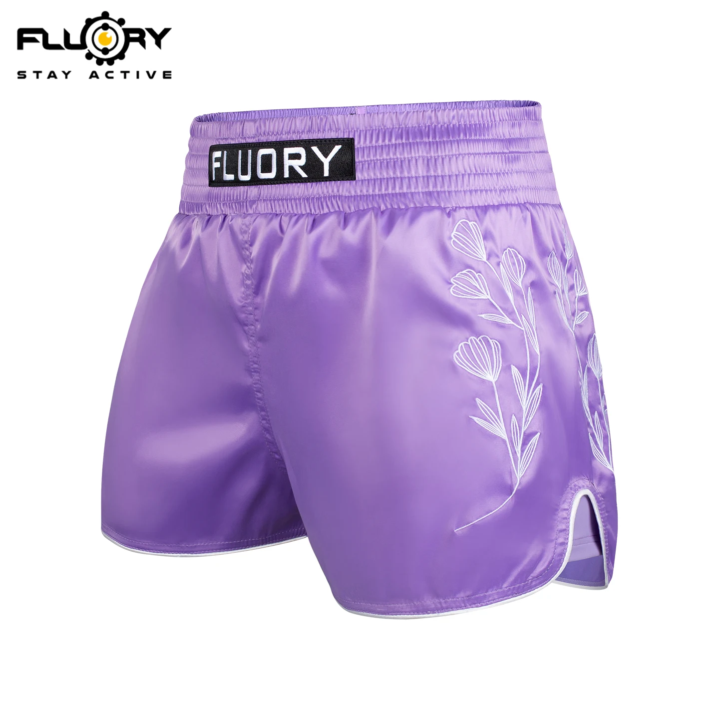 FLUORY Purple Embroidered Muay Thai Shorts with Back Pants, Anti glare Pocket Boxing Pants, Yoga Pants, Gym Training Shorts