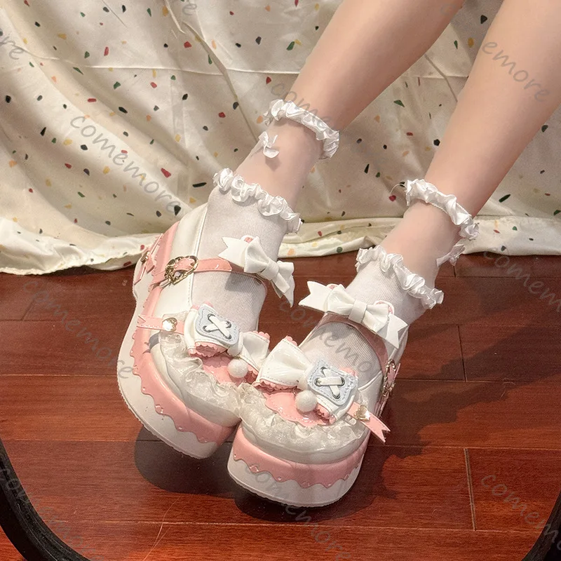 Comemore Sweet Lolita Style Girls Flat Platform Women Pumps Students Cute Bowknots Patch Mary Jane Ankle Strap Loafers Shoes