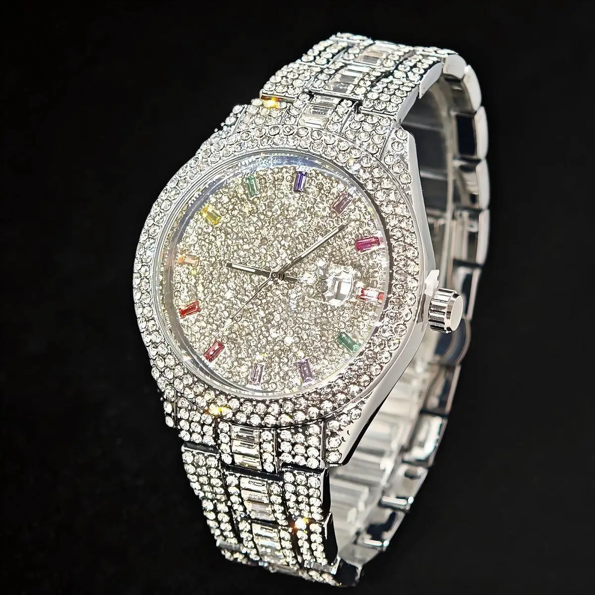 Горячие роскошные брендовые мужские круглые часы со льдом, блестящие хип-хоп, полный бриллиант, модные цветные точечные бриллиантовые циферблаты, мужские кварцевые наручные часы, новый подарок