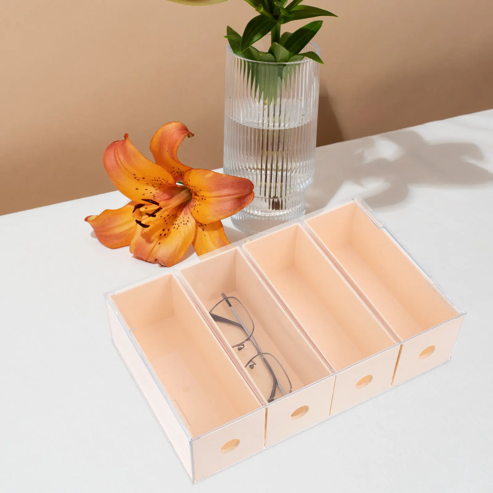 4-Compartment Transparent Desktop Drawer Organizer Box Stackable Glasses Storage Box for Office Bedroom Bathroom Vanity Jewelry