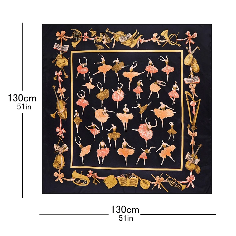 2023 Luxury Brand Oversized 51in Silk Scarf Women Shawl Black Wrap Stoles Lady Bandanas Hijab Femme Gift