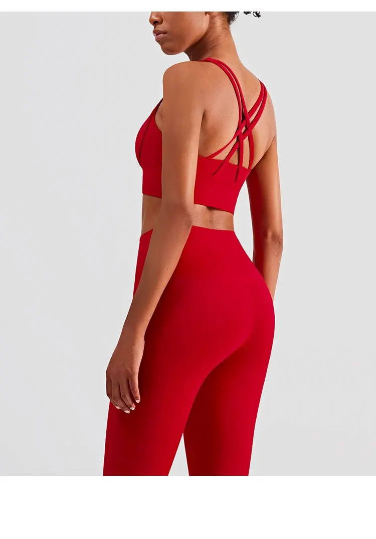 2-teiliges Damen-Set aus einfarbigem Cross-BH und High-Waist-Yogahose, bequem, atmungsaktiv, für Fitness, Training, Radfahren und Yoga. – Detail 8