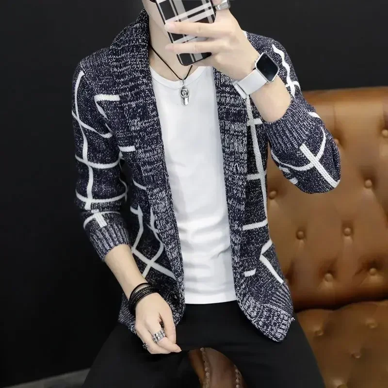 Knit Sweater Male Coat V Neck Jacket Plaid Men\'s Clothing Cardigan Fun Casual Knitwears Best Selling Products 2024 90s Vintage X