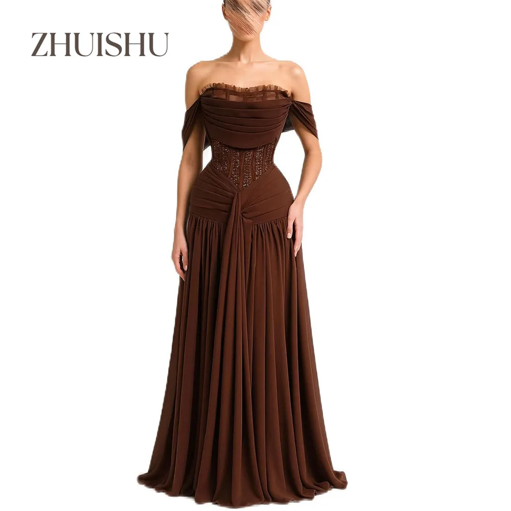 

ZHUISHU Off the Shoulder Chiffon Formal Evening Gown Brown Pleated Beading Luxury Beading Prom Dresses Customized Party Gown