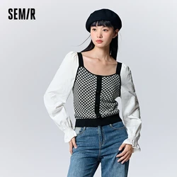 Semir Long Sleeve Shirt Women Short Splicing Bubble Sleeve Elegant Girlish Autumn Slim Square Collar Jacquard Slimming Top