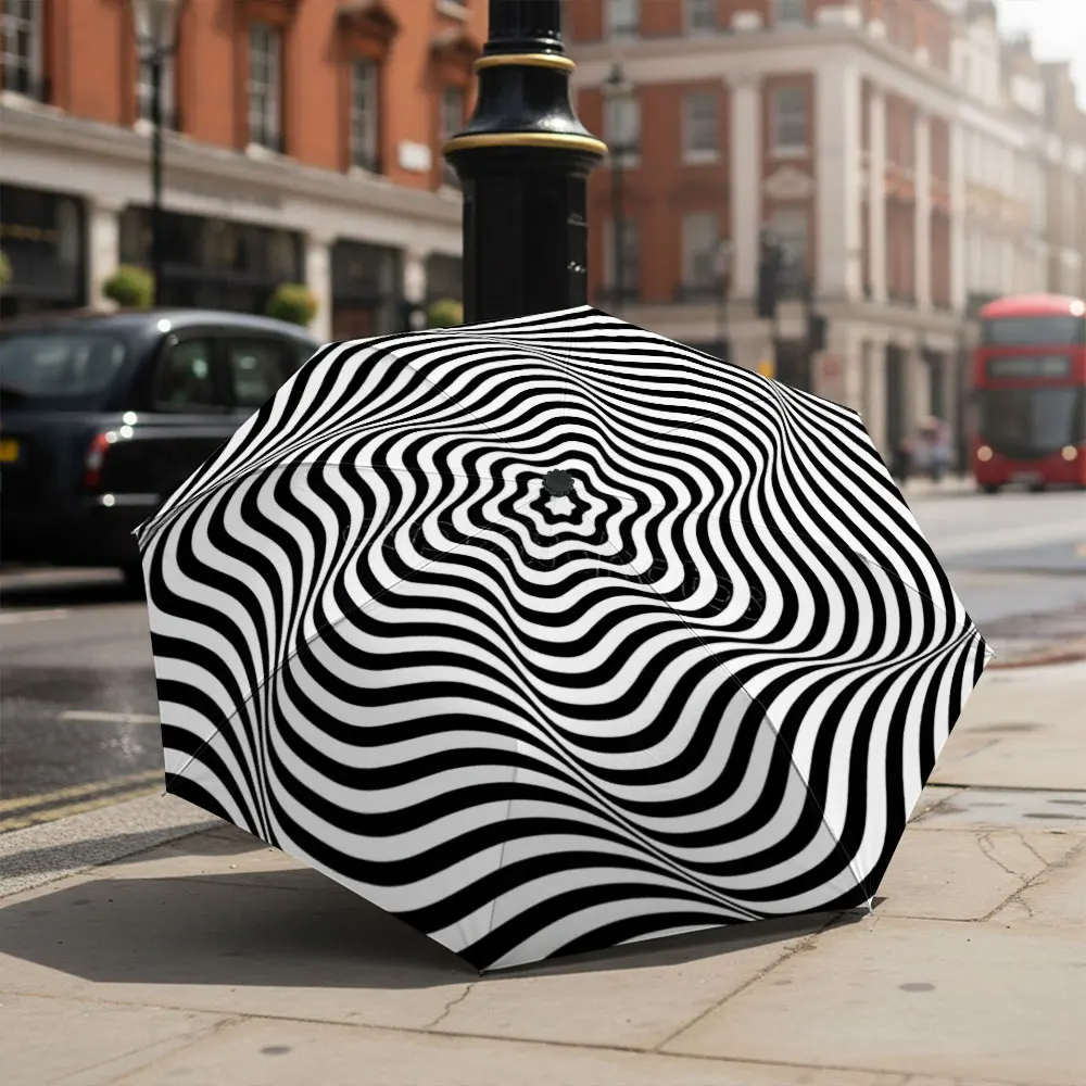 1PC Hypnotic Black and White Umbrella in Front of Iconic Building Print 8 Iron Ribs Folding Umbrella Auto-Open Fashion Sunshade