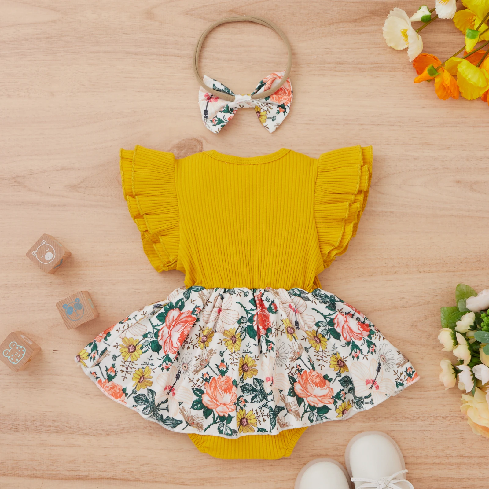 2PCS Summer 0-2 Years Old Girl Baby Comfortable Sweet And Lovely Yellow Printed Flying Sleeve Skirt