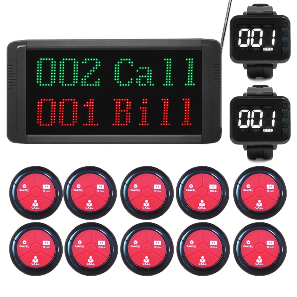 Restaurant Pager System For Customers Waiter Service System With Display Receiver, 2 Watch Receiver & 10 Waterproof Call Buttons